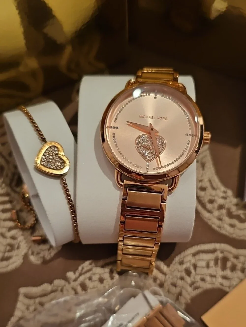 Michael Kors Rose Gold-Tone Watch and Heart Charm Bracelet Set